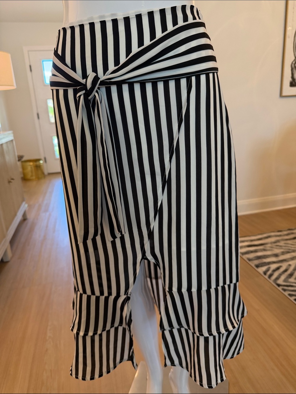 Who What Wear Black & White Vertical Stripe Tie-Waist Midi Skirt with Ruffle Hem